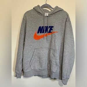 Nike Gray Pullover Hoodie with Blue Logo and Orange Swoosh Accent